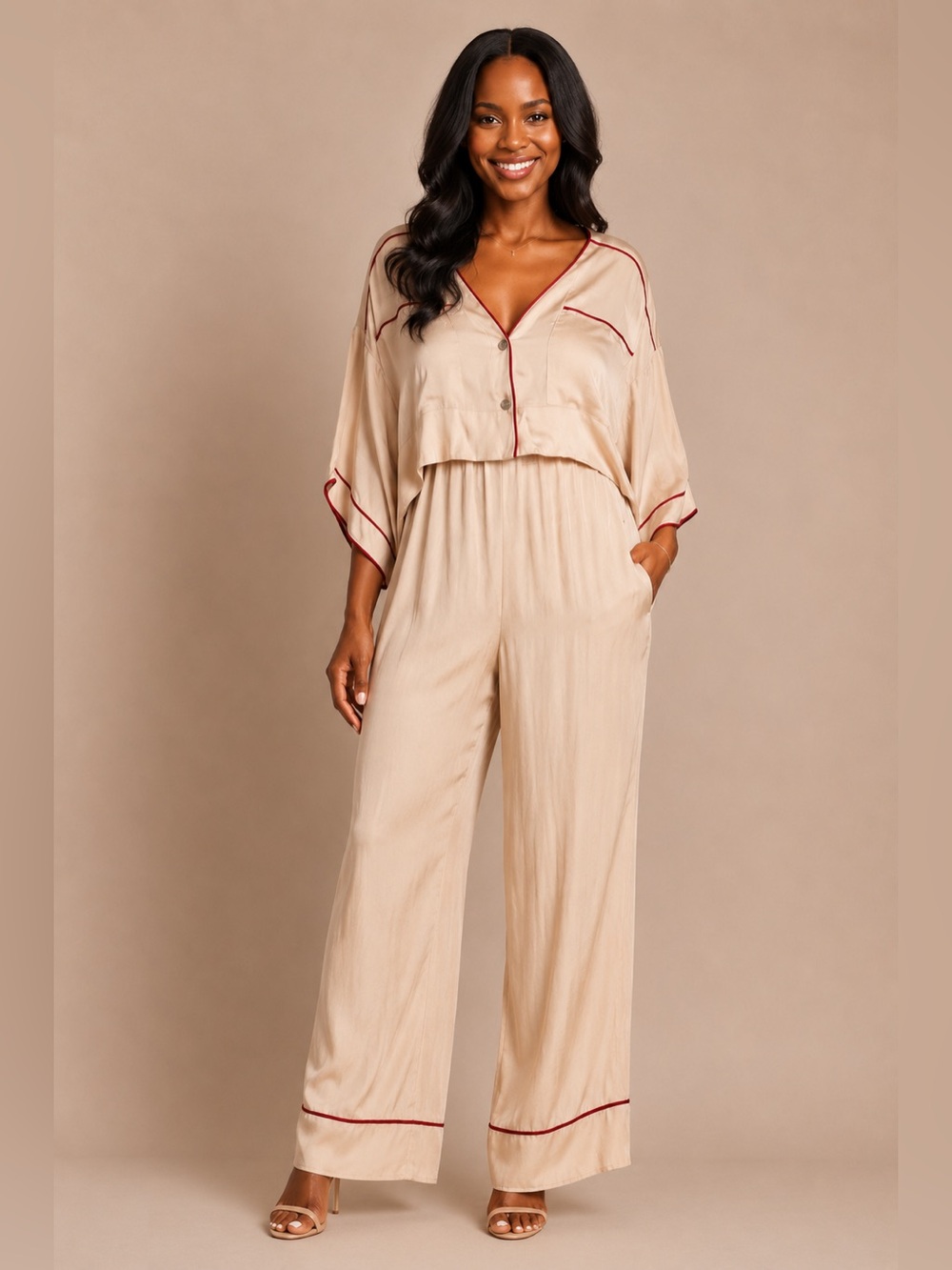 Free People Intimately Beige Wide-Leg Jumpsuit with Contrast Piping S